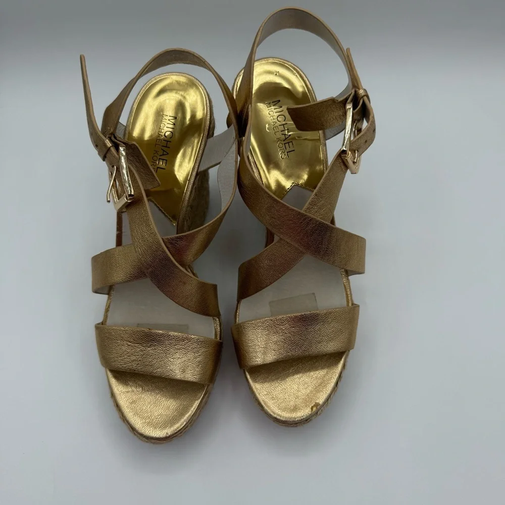 Michael Kors Metallic Gold Wedge-Platform Ankle Strap Espadrilles Size 11M - Picture 3 of 16